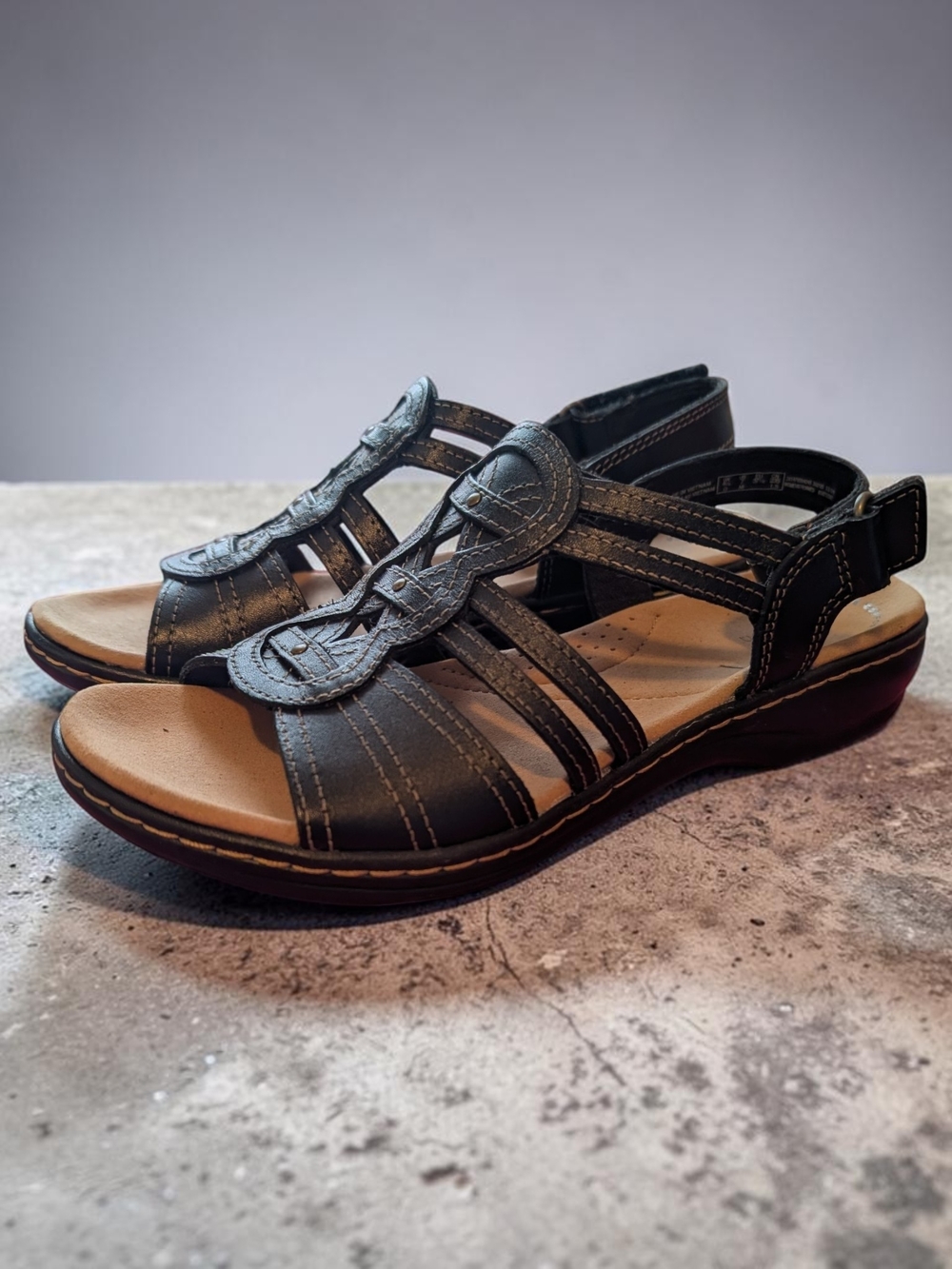 Clarks Black Leather Strappy Slingback Sandals